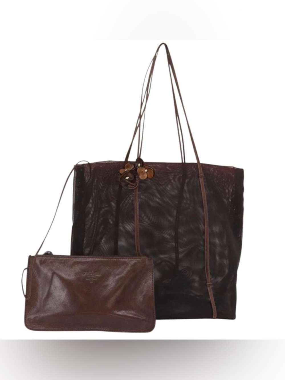 Prada Brown Leather Mesh Tote Bag with Flower Detail and Removable Pouch